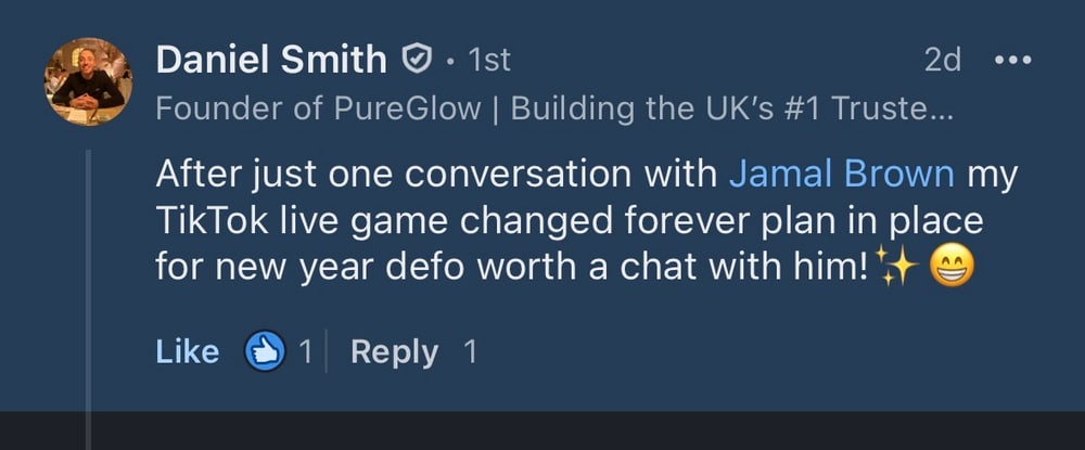 Daniel Smith, Founder of PureGlow, recommending Jamal on LinkedIn