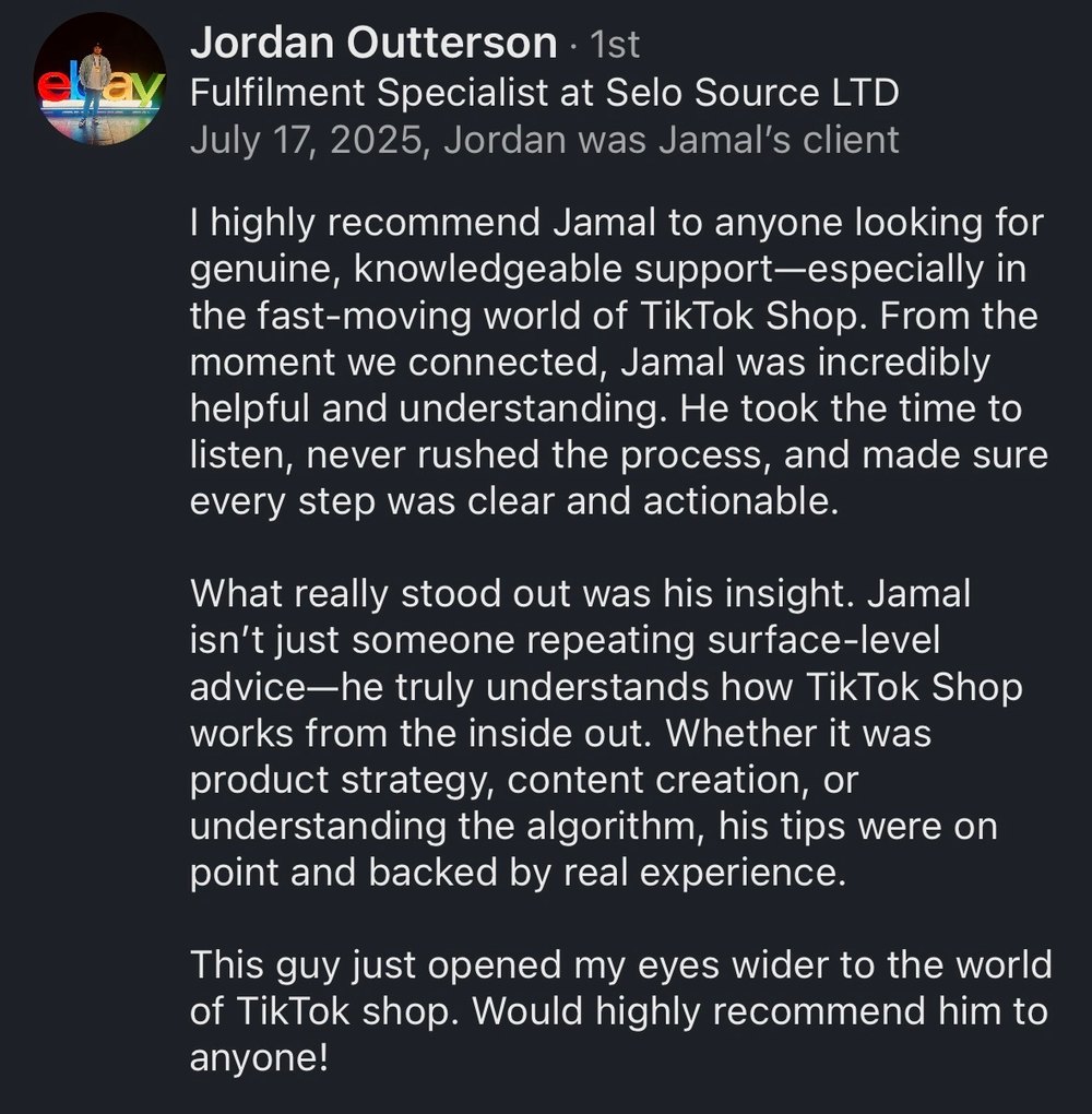 Jordan Outterson, Fulfilment Specialist at Selo Source, recommending Jamal on LinkedIn