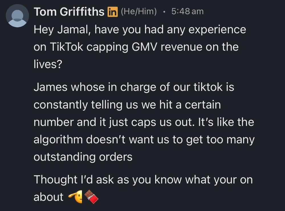 Tom Griffiths reaching out to Jamal for TikTok advice on LinkedIn