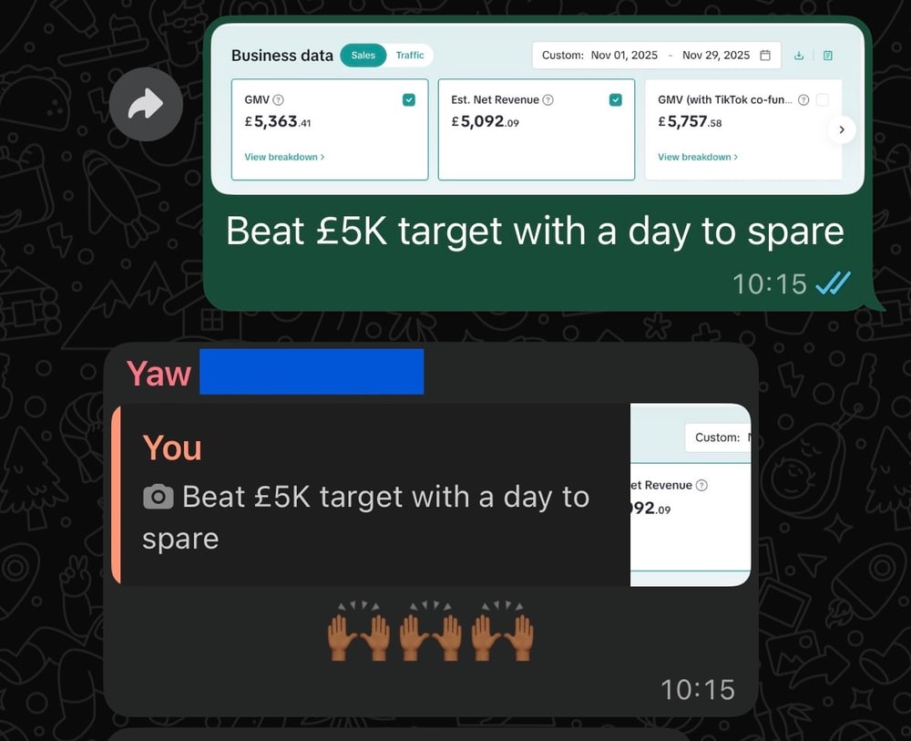 Client celebrating beating £5K revenue target with a day to spare